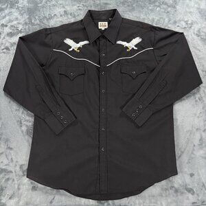 ELY Cattleman Western Shirt XL Black Eagle Embroidered Snap Front Mens Roper VTG